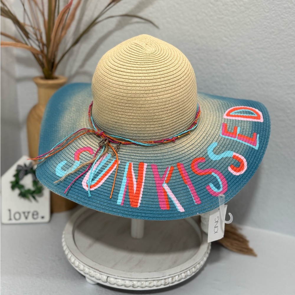 Icing Claires Wide Brim Sun Hat Beige Blue Ombre Edge Ladies One Size Fits Most